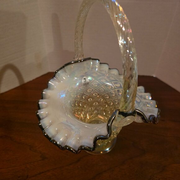 FENTON Other - FENTON BASKET VASE DIAMOND LACE TOPAZ OPALESCENT IRIDIZED BLACK CREST VASELINE